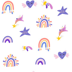 Rainbows clouds and stars seamless pattern. Cute cartoon Children background in the Scandinavian style. Perfect for kids, posters, prints, postcards, fabric. Vector cartoon Illustration