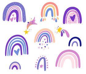 Rainbows collection. Baby rainbow with hearts, clouds, rain in the Scandinavian style. Perfect for kids, posters, prints, postcards, fabric. Vector cartoon Illustration