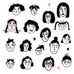 A set of women's faces with different emotions on a white background. Hand-drawn graphics. Vector graphics eps10