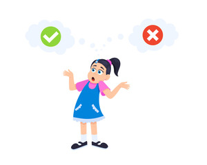 Little doubt boy girl between right and wrong check marks flat style design vector illustration isolated on white background. Cute girl thinking about something right and wrong choice concept.