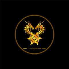 golden dragon head logo and fire wheel, abstract animal head logo vector inspiration