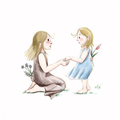 Two cute loving sisters hold hands and each of them hides a flower behind their backs as a gift to each other. Delicate digital illustration in watercolor style about friendship, love and tenderness.