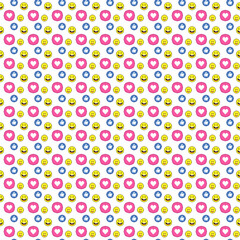 simple vector pixel art seamless pattern of cartoon round social media icons of like, emoticons, heart