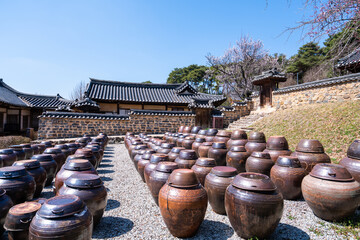 Platform for crocks of sauces and condiments, Jangdokdae, South Korea. 장독대, 항아리, 고택.