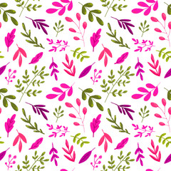 Pink, green leaves on white background seamless pattern. Floral, botanical repeat print. Hand drawn in cartoon style leaves ornament for textile, wallpaper, wrapping paper, design and decoration.