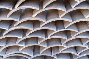 roof tiles stacked in layers. 겹겹이 쌓여 있는 기와, 기왓장.