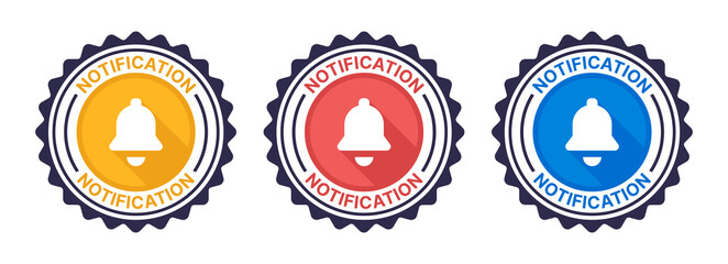 Notification icon set. Alarm bell on badge icon vector illustration.
