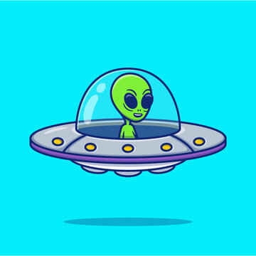 Cute Alien UFO Cartoon Vector Icon Illustration. Science Technology Icon Concept Isolated Premium Vector. Flat Cartoon Style