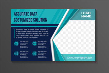 accurate data customized solutions banner design template. multicolored flat blue on the element. bright blue background. half hexagon space for photo collage. horizontal layout poster leaflet.
