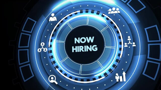 Business, Technology, Internet and network concept. NOW HIRING inscription, modern technology business concept.