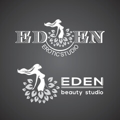 Eden logo for a beauty salon, massage parlor, spa center, erotic massage parlor. Adam and Eve, the Garden of Eden. Mockup and title for your business