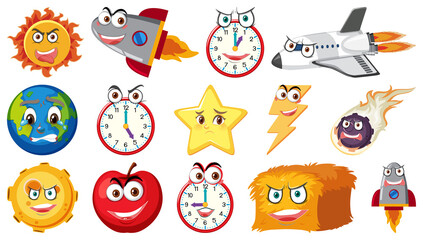 Set of different toy objects with smiley faces