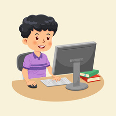 Cute boy sitting doing his homework with computer. Children education concept