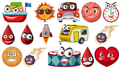Set of different toy objects with smiley faces