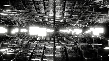 3d illustration of steel cubes tunnel, Abstract  futuristic corridor, geometric endless tunnel,  3d render