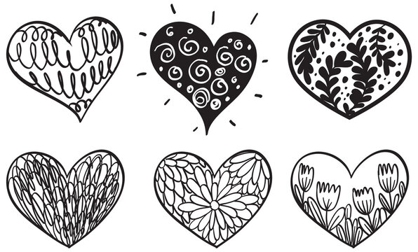 Set of different hearts in doodle style