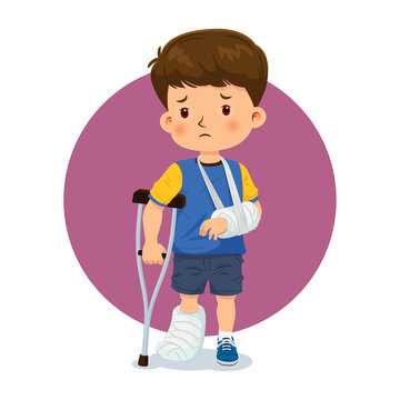 recommend clip art: Little boy injured a broken arm and leg, had to be cast, and used on crutches. Vector illustration