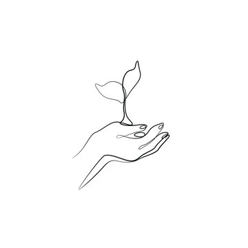 Growing plant in hand palm. Hand holding plant, eco iconm, print for clothes, t-shirt, emblem or logo design, continuous line drawing, small tattoo, isolated vector illustration.