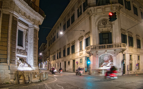 night traffic at the four fountains famous crossroads, Rome Italy