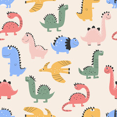 Cute dinosaur pattern - hand drawn childish dinosaur seamless pattern design. Vector illustration