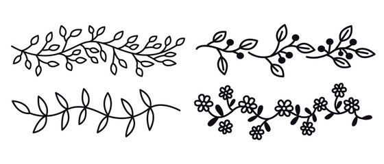 Hand drawn floral dividers for notebook or diary. Doodle flower and leaves branch border. Bullet journal sketch template