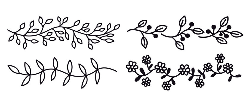 Hand drawn floral dividers for notebook or diary. Doodle flower and leaves branch border. Bullet journal sketch template