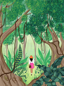 illustration of a woman in a forest