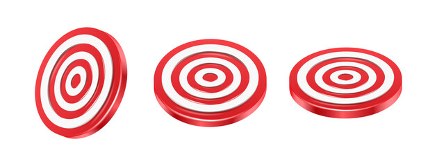 3d realistic icon. Red darts target circle in side, top and half side view. Isolated on white background.
