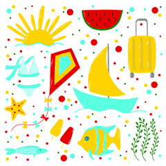 Vector summer bright collection with cartoon illustrations: sun, watermelon, suitcase, swimsuit, kite, boat, starfish, ice cream, fish, seaweed. Sea vacation theme.