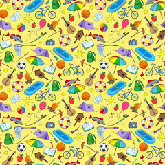 Seamless pattern on the theme of summer camp, and vacation simple icons on yellow background