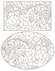 A set of contour illustrations in the style of stained glass with abstract lions and flowers, dark contours on a white background