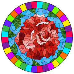 Illustration in stained glass style with a bright red rose flower on a blue background, round image in bright frame
