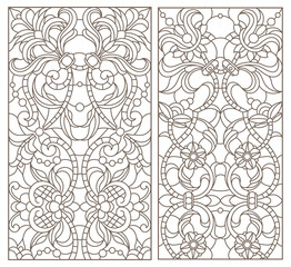 Set contour illustrations of stained glass with abstract swirls and flowers ,rectangular images