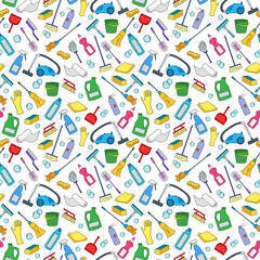 Seamless pattern on the theme of cleaning and household equipment and cleaning products,color icons on white background