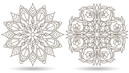 A set of contour illustrations in the style of stained glass with round floral motifs, compositions isolated on a white background © Zagory