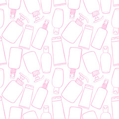 Vector seamless pattern of different outline bottles, tubes, flacons, cosmetic products in doodle style. Texture on theme beauty industry, skin care, hygiene products, toiletries