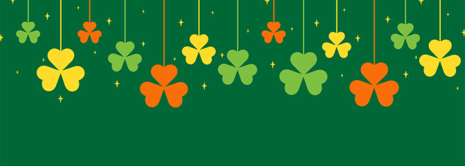 Happy St. Patrick`s Day. Hanging clover. Festive banner, poster, greeting card. Irish holiday, celebration party. Happy Saint Patrick's Day backdrop with hanging shamrocks in flat style. 