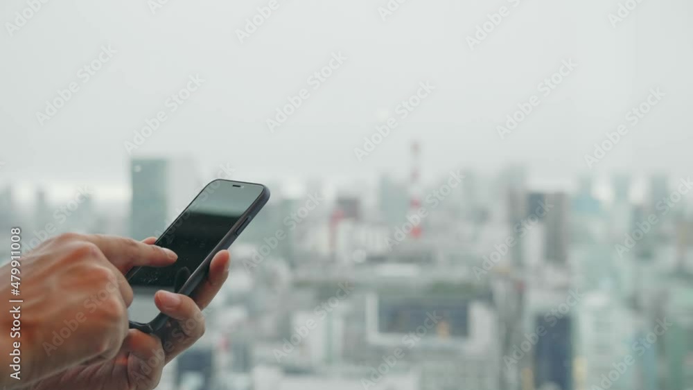 Poster people using a smart phone in front of the city.