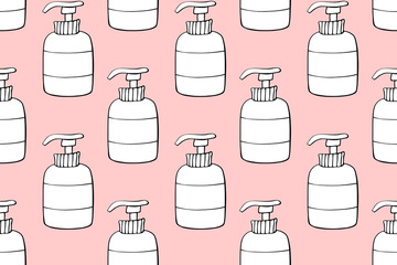 Vector seamless pattern of outline bottles with dispenser or cosmetic products, sanitizers or hand soap in doodle style. Texture on theme beauty industry, hygiene, toiletries