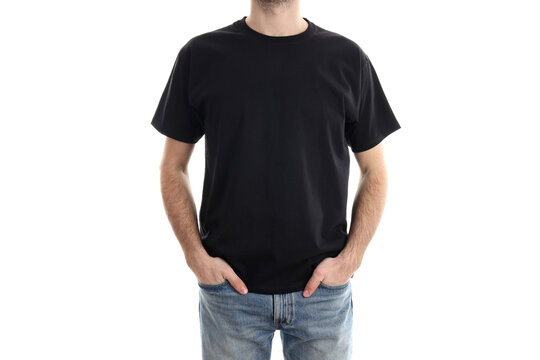 Man in blank black t-shirt isolated on white background