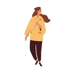 Happy woman walk with spring flower in hand. Relaxed inspired female strolling. Pretty person at summer promenade outdoors, smiling and enjoying. Flat vector illustration isolated on white background