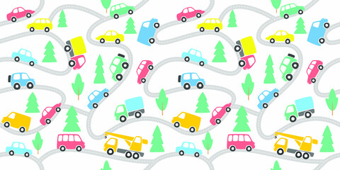 Seamless pattern with cars and road. Cartoon background for Kids. Vector illustrations