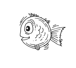 Funny round fish. Cartoon animal character. Underwater world. Outline sketch. Hand drawing is isolated on a white background. Vector