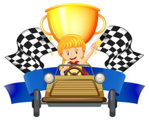 Girl car racer on trophy and race flag