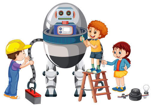 Children fixing a robot together