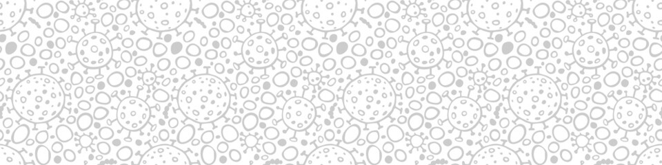 Seamless pattern of molecules, cells of virus, bacteria. Pandemic, epidemic covid-19. Primitive concept of chemistry, microorganisms, science research. Vector texture in outline doodle style isolated