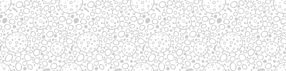 Seamless pattern of molecules, cells of virus, bacteria. Pandemic, epidemic covid-19. Primitive concept of chemistry, microorganisms, science research. Vector texture in outline doodle style isolated