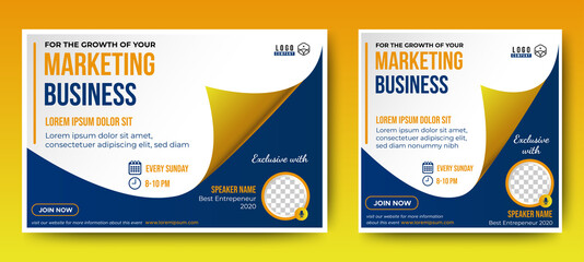 Marketing Business Live Webinar Banner Invitation and Social Media post template. Blue and Yellow background. Business Converence invitation design. Vector EPS	