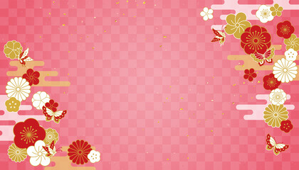 お正月などに使える和柄背景　梅と雲と蝶