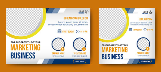 Marketing Business Live Webinar Banner Invitation and Social Media post template. Blue and Yellow background. Business Converence invitation design. Vector EPS	